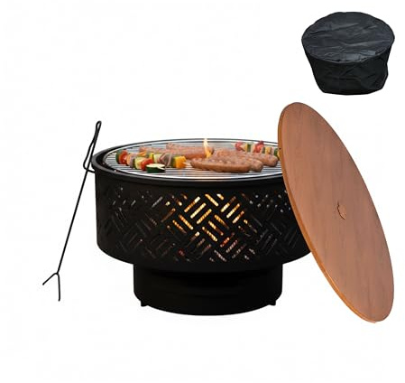 Relaxdays Feuerschale, Ø 66 cm, mit Grillrost, Deckel, Schürhaken & wasserdichter Abdeckung, Feuerstelle, schwarz/Natur | Schürhaken und wasserdichte Abdeckung