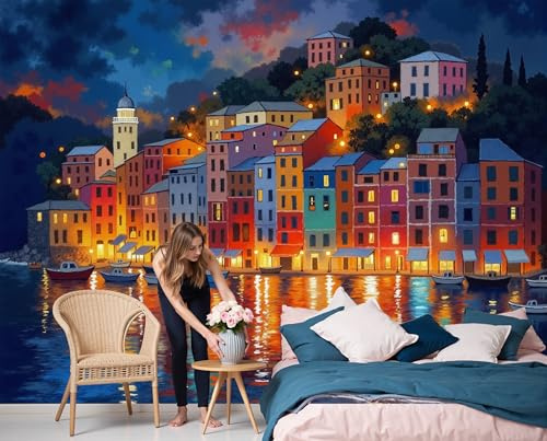 Fotomural Ciudad Costera 300x210cm papel pintado panorámico Fotomural Papel pintado no tejido moderno Mural de pared Dormitorio Salón Vista Nocturna Reflejos
