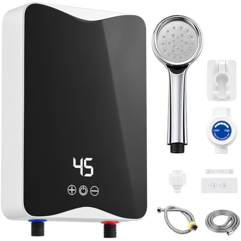 Elektrischer Durchlauferhitzer 5500 W 230 V, Mini Durchlauferhitzer mit LED-Temperaturanzeige, Einstellbar 20-55 °C, IPX4 Wasserdicht, Elektrischer Warmwasserbereiter für Dusche, Küche, Waschbecken
