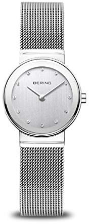 BERING Damen Quarz Uhr | Armbanduhr 26 mm silbernes Edelstahlgehäuse und silbernes Zifferblatt | Milanaisearmband | Saphierglas | 5 ATM | 10126-000