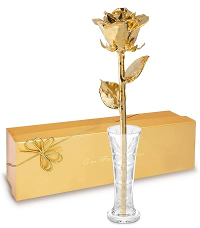 Forever Rose 24K Gold Dipped Real Rose – Handmade, Long-Lasting Preserved Flower in Glass Vase & Gold Box, Romantic Gift for Anniversary, Valentine's, Mother's Day, Birthday, Wedding, Wife, Girlfriend