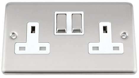 Wal Double Socket 2 Gang - Satin Matt Chrome Classic - White Insert - Metal Rocker Switch
