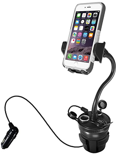 Macally Car Cup Holder Phone Mount with 2 USB Charging Ports & 2 Cigarette Lighter Sockets - Adjustable Cup Phone Holder for Car with 8” Long Neck and 360° Rotatable Base - Fits Phones Up to 4.1” Wide