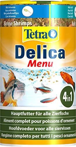 Tetra Delica Menu Naturfutter - 4 verschiedenen Futtertier-Sorten in einzelnen Kammern (Wasserflöhe, Artemia, Krill, Gammarus), natürliche Snacks für Zierfische, 100 ml Dose