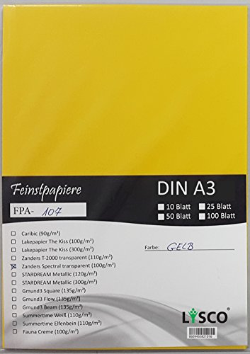 25 Blatt DIN A3 Transparentpapier Zanders Spectral 100g/m² Farbe gelb transparent exzellente Durchsicht, sehr gute Qualität, mögliche Verwendung: Einladungen, Visitenkarten, Einlegeblätter für Alben, Fotoalben, Gutscheine, Fensterbilder, Bastelarbeiten und vieles mehr