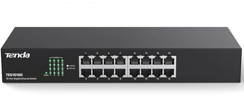 Tenda TEG1016D Commutateur Gigabit Non géré 16 Ports, commutateur Ethernet monté en Rack, Plug & Play, commutateur réseau sans Ventilateur et Design métallique, Protection à Vie limitée