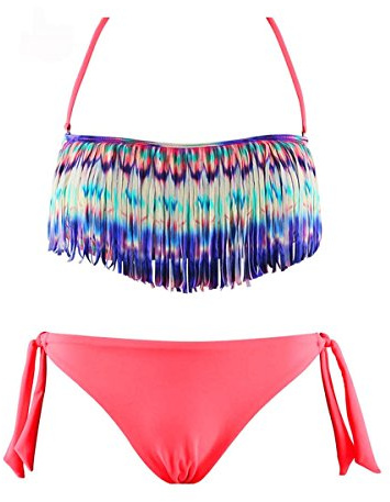 Maillot de Bain Femme Bikini 2 pièces Fluo Bandeau à Franges