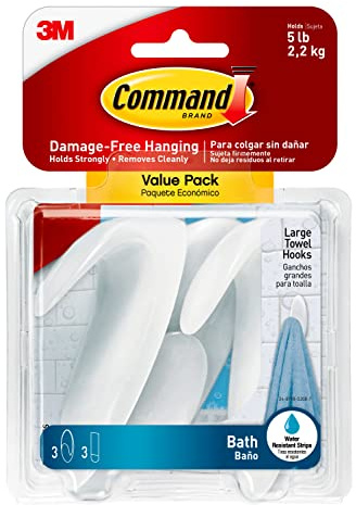 Command Bath Large Towel Hook Value Pack, Clear Frosted, 3-Large Hooks, 3-Water-Resistant Strips, Organize Damage-Free