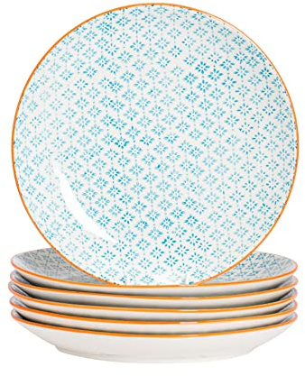 Nicola Spring Hand-Printed Dinner Plates - 25.5cm - ​Blue - Pack of 6 - Porcelain Decorative Patterned Dining Dish Plates for Snacks, Starters, Dinner, Dessert