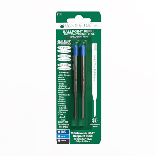 Monteverde Recharge Stylo à bille Pointe Super Large Rouleau Souple Compatible Stylos à bille Parker - Bleu (Lot de 2)