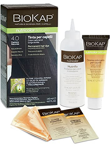 BIOKAP Nutricolor Delicato, Tinta capelli senza ammoniaca che rende i capelli morbidi e lucenti, Colorazione capelli con colori naturali, 140 ml (4.0 Castano Naturale)