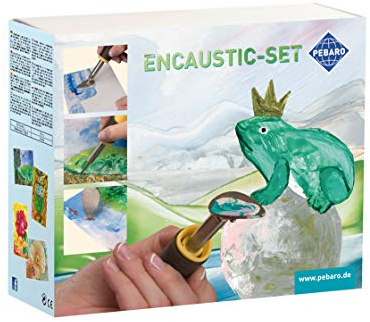 Pebaro 0279 Encaustic Coffret cadeau avec piston, mini fer à repasser, pointe d'écriture, brosse en laiton, 7 blocs de cire, 5 cartes blanches au format A5 et A6 pour peindre, dessiner, écrire avec de