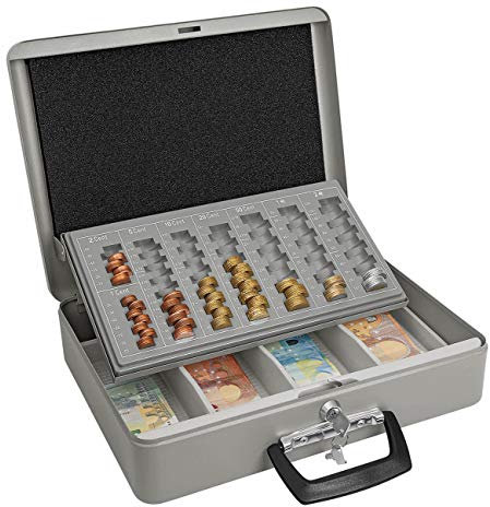 WEDO 149100812 Geldzählkassette Maxi, Pulverbeschichtetes Stahlblech, mit 2 Tragegriffen und 4-Fächereinsatz für Geldscheine, Zylindersicherheitsschloss, 37 x 29 x 11 cm, grau