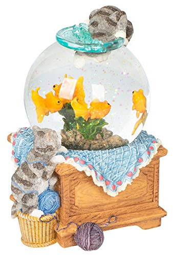 Spieluhrenwelt Glitzerkugel Spieluhr 'Aquarium' - Mit Kätzchen und Goldfischen I Spielt 'O Susanna' I Sockel als Truhe