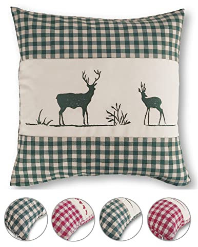 wometo Kissenhülle Zierkissen 40x40 OekoTex - Landhaus-Stil Dekokissen Sofakissen Stick Hirsch grün kariert, Karo grün Heller Hintergrund Reißverschluss