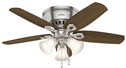 Hunter Fan Company, 51092, 42 inch Builder Low Profile Flush Mount Ceiling Fan with Lights, LED Light Kit, Pull Chain, Brushed Nickel Finish