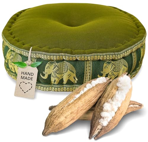 livasia meditation cushion with Thai silk - Ø 18x6″ - Yoga cushion kapok, Pouffe, Floor cushion yoga Zen meditation, Seat cushion garden balcony, Zafu (Green/Elephants, Silk)