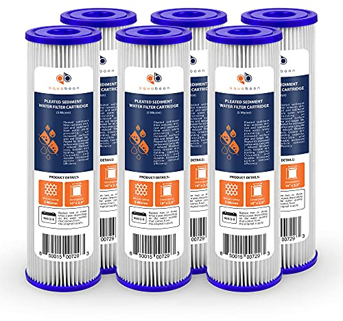 Aquaboon 5 Micron 10x2.5 Whole House Pleated Sediment Filter Cartridge for Well Water Filter Replacement Compatible with WFPFC3002, WHKF-WHPL, 6-Pack