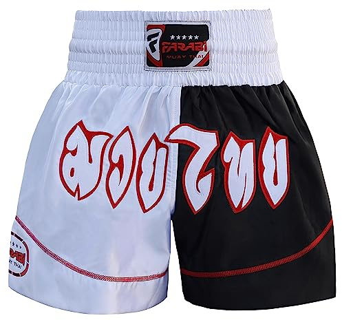 Farabi Sports Muay Thai Short Herren Damen Kickboxen Hose - thaiboxen Hose für Kampfsport MMA Käfigkampf Training Thai Boxing Short (DE/NL/SE/PL, Alphanumerisch, L, Regular, Regular, White/Black)