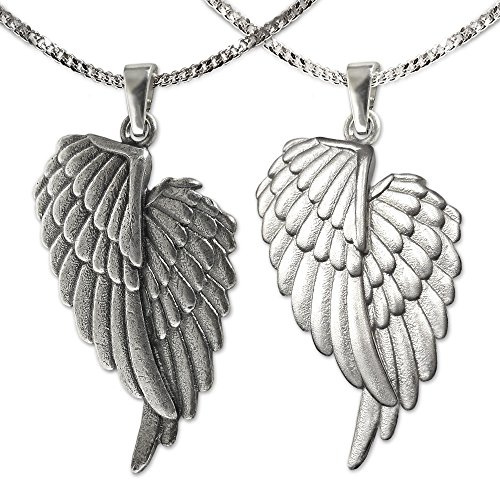 CLEVER SCHMUCK Flügel Halskette Partnerkette Engelsflügel Anhänger 30 mm Ketten Panzer je 50 cm Sterling Silber 925 Partnerschmuck im Etui anthrazit