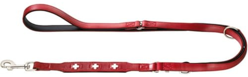 HUNTER Verstellbare Hundeführleine SWISS, Farbe: rot/schwarz, weiches Rindsleder, schweizer Kreuz, elegante Optik, 3-fache Verstellmöglichkeit, komfortabel, Made in Germany, Größe: 13/200