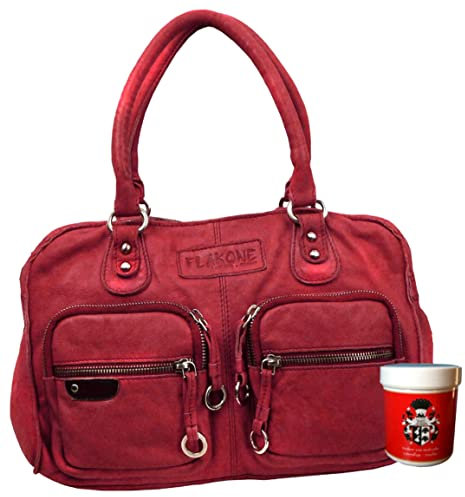 LL BARON of MALTZAHN Damen Schultertaschen FLAKONE red-Beere Citybag-713 aus Leder incl. Lederpflege