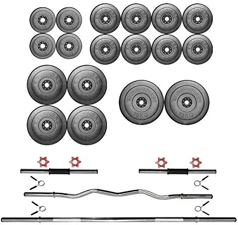 120 kg Hantelset aus 1,6m Langhantelstange, 1,3m Curlstange, 2 x 45cm Kurzstange und Hantelscheiben (4 x 2,5kg, 8 x 5kg, 4 x 10kg, 2 x 15kg)