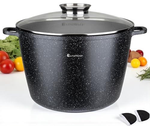 EliteHoff Kochtopf, Suppentopf aus Aluminiumguss mit Antihaftbeschichtung, Induktionstopf mit Glasdeckel, Für alle Herdarten inkl. Induktion, Gas, Elektro, Halogen, Keramik (Schwarz, 15L Ø 32 cm)