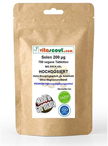 vitascout_com Selen 200 mcg/µg - 750 Tabletten - OHNE MAGNESIUMSTEARAT - Made IN Germany - vegan aus Selenhefe