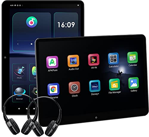 XTRONS 2 * 14'' Rotatable Backseat Android 4+64GB Car TV Headrest Monitor Tablet with 2*Bluetooth Headphones, QHD IPS Fully-laminated Screen Portrait Mode Screen Mirroring&HDMI/Multi-Colour Light