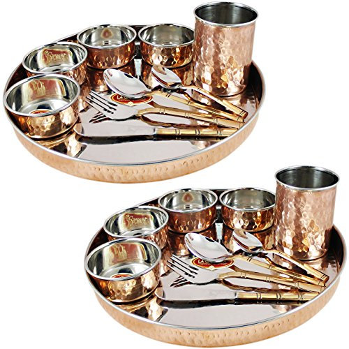 SKAVIJ Copper Dinnerware Platter Thali Set with Cup, Bowls, Spoons, Fork and Knife (30 Centimeter, Pack of 2)
