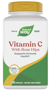 Nature's Way Vitamin C with Rose Hips, Antioxidant & Immune Function Support from vitamin C*, Promotes Collagen for Healthy Skin*, 1,000 mg per 2-Capsule Serving, 250 Capsules (Packaging May Vary)