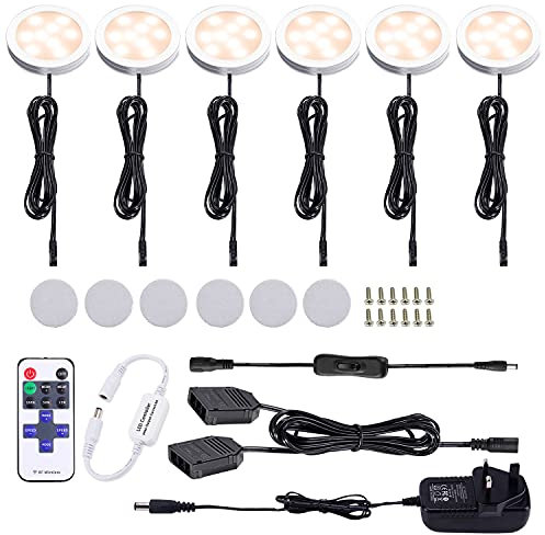 AIBOO Under Cabinet Kitchen Lights LED Wired 6 Pack with Remote,Dimmable Warm White Puck Lights Mains Hardwired and Pulg in Under Cupboard Lighting for Closet,Counter,Cupboard,Shelf