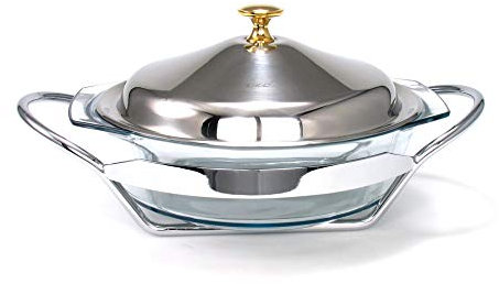 Fuente redonda para horno y microondas de cristal con tapa y soporte de acero inoxidable