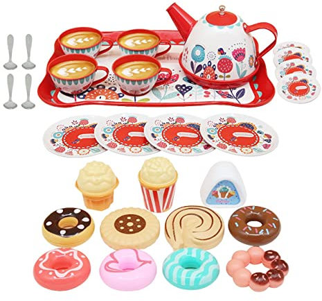 Kidoloop Tea Set 30 Pcs Tin Party Cups & Plates Dessert candy muffin Toys Including Metal Teapot Washable Dishes Safe Material Little Girls Enhance Child Skills