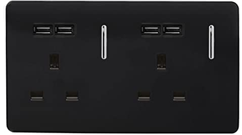 Trendi 2 Gang Artistic Modern Glossy Screwless Raised 13 Amp 240v Short 4 USB Type A Charging Points Double Chrome Switched Electrical Wall Plug Socket Piano Black - ART-SKT213USBBK