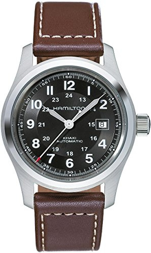 Hamilton Khaki Field Automatic Men's Watch, 42mm Stainless Steel Case, Swiss Made, Black Dial Analog Wrist Watch, 100m Waterproof, Sapphire Crystal, 3-Hand Movement, Cow Leather Strap