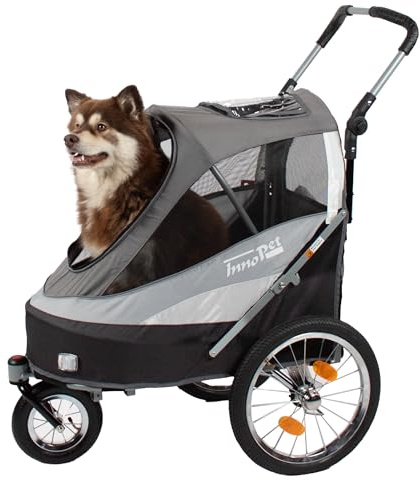 InnoPet Hundeanhänger Fahrrad & Hundebuggy Sporty Deluxe - 2 in 1 Fahrradanhänger für Hunde bis 30 kg, Schwarz/Silber - mit Regenschutz, Zugstange & Verbindungsstück