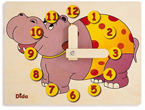 Dida - Lernuhr Für Kinder - Nilpferd - Spielerisch Die Uhrzeit Lernen, Eine Kinderlernuhr Aus Holz Für Den Kindergarten, Die Vorschule Und Zu Hause