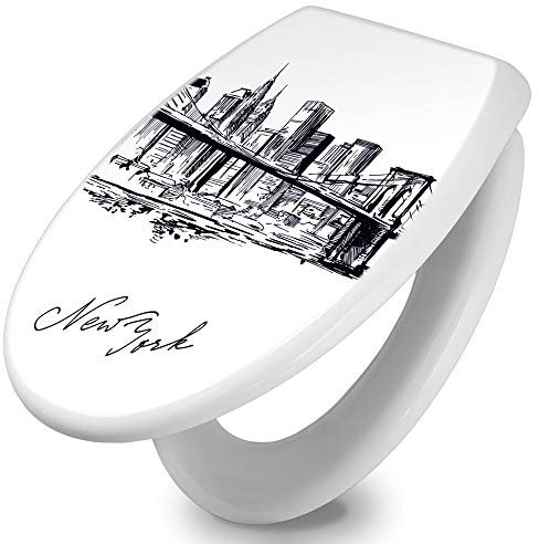 banjado Toilettendeckel mit Absenkautomatik 44,5x37cm / WC Brille Soft Close/hygienischer Toilettendeckel/Klodeckel Duroplast Edelstahl Scharniere einfache Montage/Motiv New York Skizze