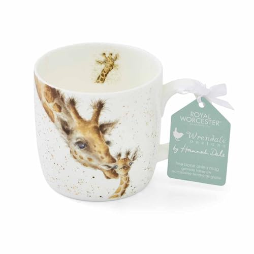 Royal Worcester x Wrendale Designs Coffee Mug - Fine Bone China White Mug with Handle, Microwave & Dishwasher Safe, Featuring a First Kiss Giraffe Animal Design by Artist Hannah Dale, 310ml