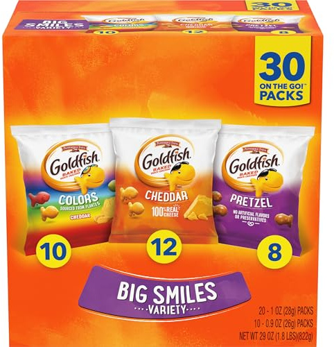 Goldfish Crackers Big Smiles Variety Pack with Cheddar, Colors, and Pretzels, Snack Packs, 30 Ct