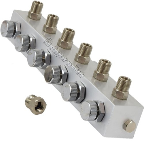 Agora-Tec® Airbrush Druckluftverteiler 6-fach AT-AV-6 Schwarz | Kunststoff/Edelstahl | 1x 1/8 Zoll IG (Kompressor), 6x 1/8 Zoll AG (Schläuche) | inkl. 6 regelbare Ventile | Direktmontage