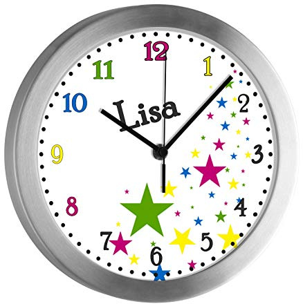 CreaDesign Kinder Funkwanduhr mit (Wunsch) Namen | Kinderzimmer Funkuhr| mit Analog ? Ziffernblatt | geräuscharm | Wanduhr Kind | Motiv Sterne