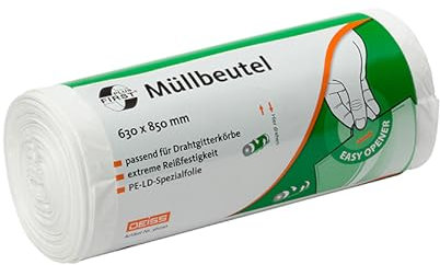 Deiss First 36030 - Sacchi per la spazzatura con fondo con cuciture a stella, 630 x 850 mm, 40 pezzi per rotolo, colore: Bianco