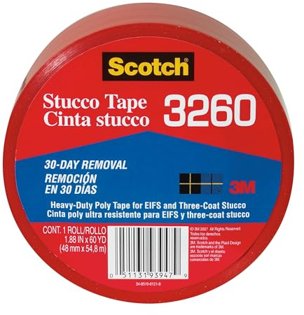 Scotch Stucco Tape, 1.88 in x 60yd, 30 Day Clean Removal, Heavy-Duty Outdoor Stucco Tape, UV & Moisture Resistant, Water Resistant Poly Backing, 1 Roll, Red (3260-A)