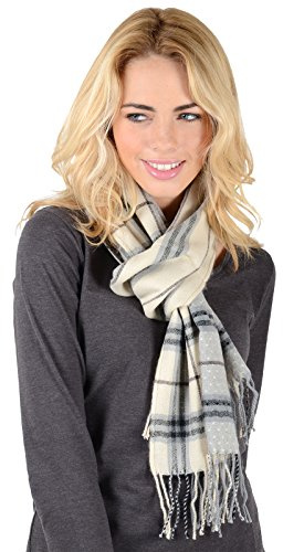 Womens Scarf Isla Design Long Soft Woven Cream Grey Checked With Plain Weave Back Twist Fringe Plaid Ispired By Scottish Islands Hebrides Tweed Pattern Ladies Autumn Winter Fashion Neck Wrap 180cm