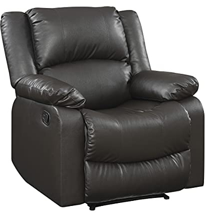 Relax-A-Lounger Warren 35.5 Manual Pull-Handle Recliner, Traditional Overstuffed, Pocket Coil Comfort, Black Metal Base Legs, Soft Vegan Leather Fabric, Java