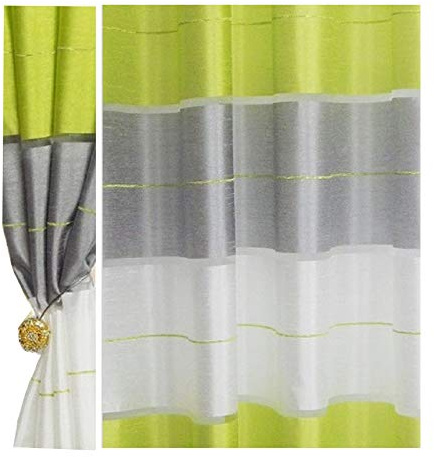 FKL DESIGN Home Deco Gardine Ösen - Vorhang - Halbtransparent Ösenvorhänge - Schlafzimmer Wohnzimmer Kinderzimmer - Vorhänge - Weich Fallende Gardinen - 2er Set - 145x245 cm - Grün-Grau, AGV V13