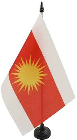 AZ FLAG Drapeau de Table Yesidi nouveau 21x14 cm Socle Plastique | Usage intérieur Drapeau de bureau du yézidisme finition cousue et bords renforcés avec mât en plastique et socle en plastique
